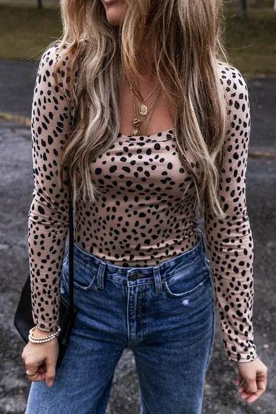 Animal Print Scoop Neck Long Sleeve Bodysuit - Hovatok
