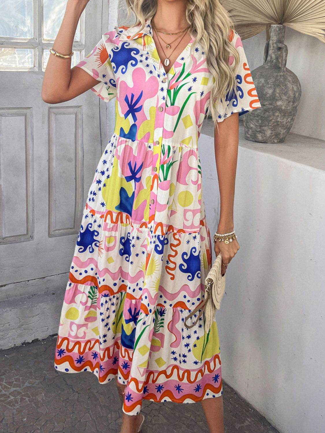 Devine Printed Johnny Collar Button Down Short Sleeve Midi Shirt Dress - Hovatok