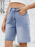 Washed Raw Hem Denim Shorts - Hovatok