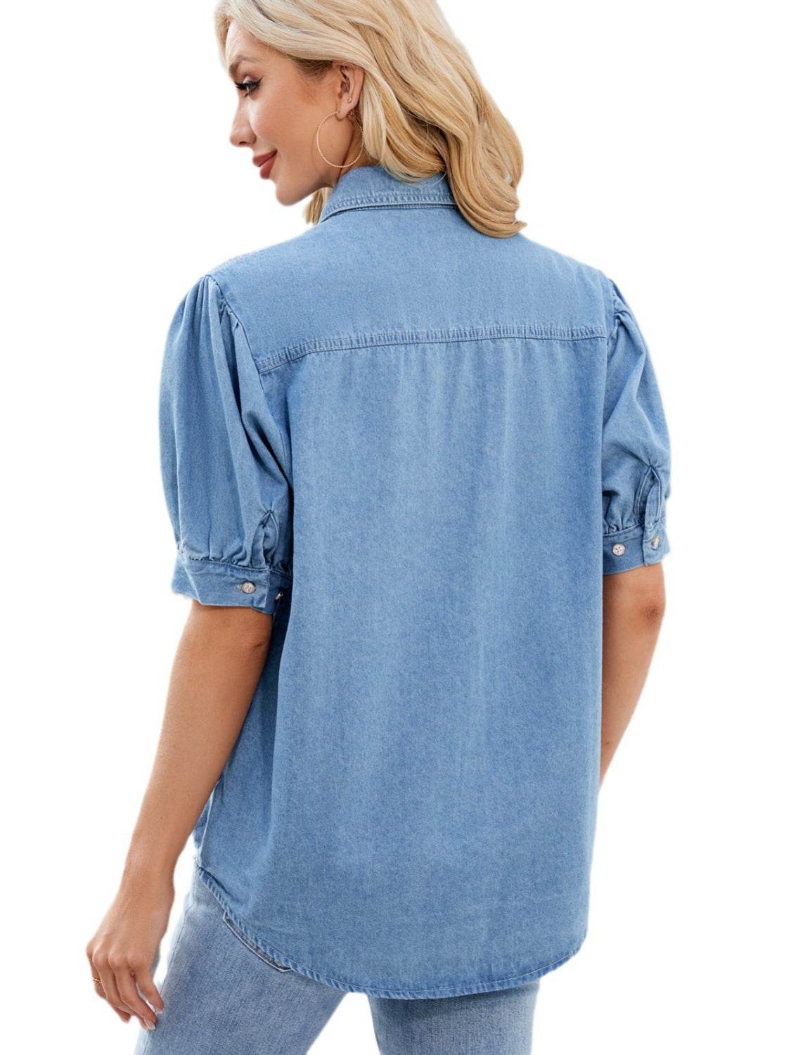 Collared Neck Button Up Denim Shirt - Hovatok