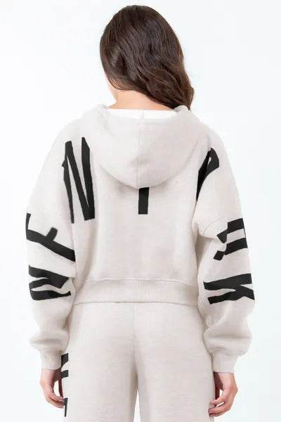 American Bazi Letter Graphic Long Sleeve Drawstring Cropped Hoodie - Hovatok