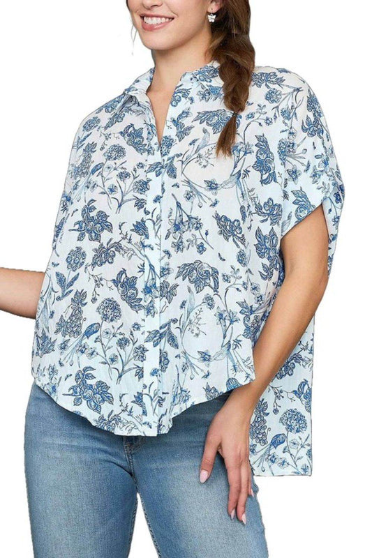 Umgee Full Size Two Tone Floral Print Top Plus Size - Hovatok