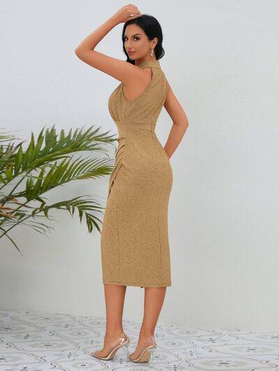 Slit Ruched Mock Neck Sleeveless Dress - Hovatok