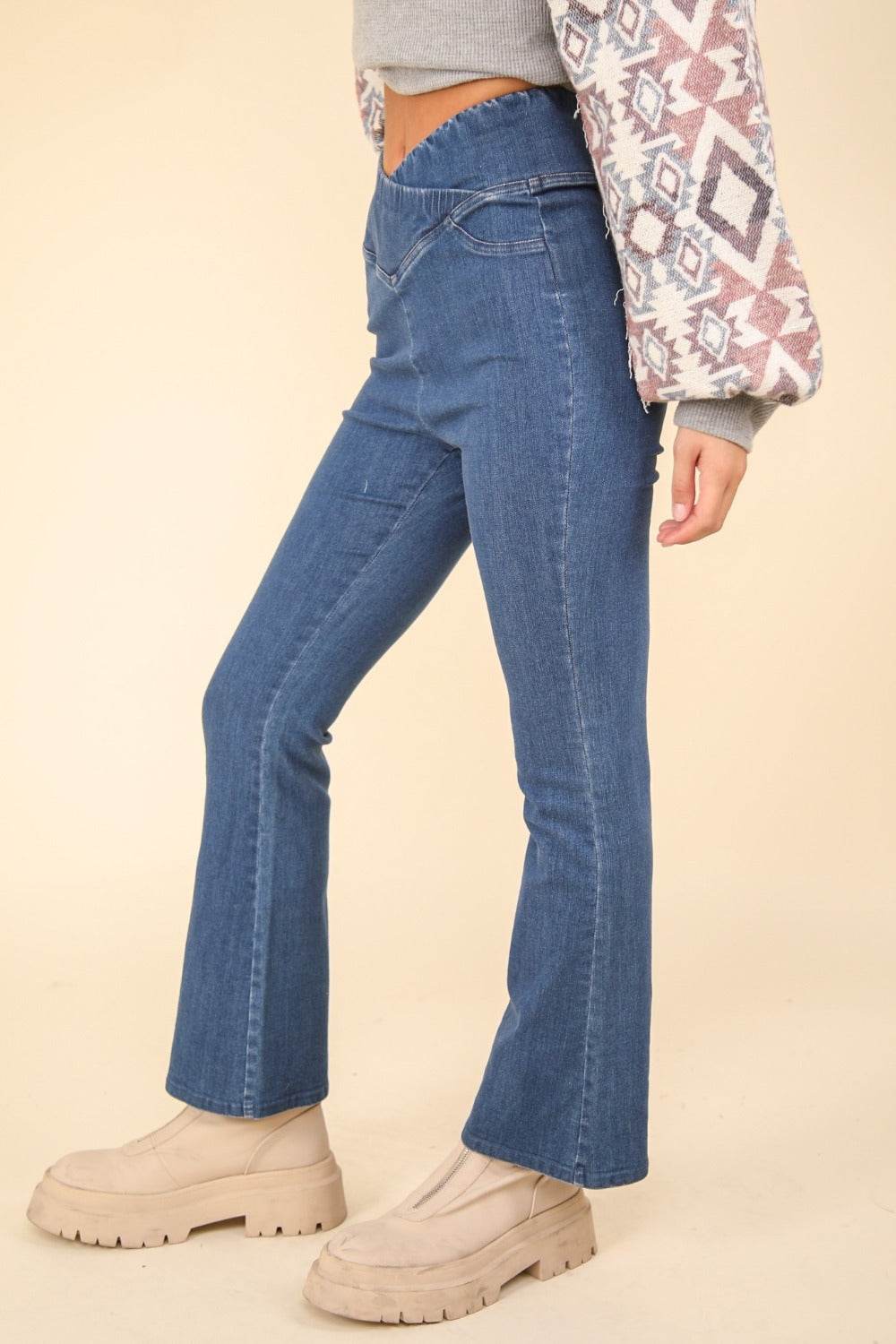 VERY J Washed Denim Stretchy Crossover Waist Leggings - Hovatok