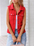 Full Size Button Down Raw Hem Sleeveless Denim Jacket Plus Size - Hovatok
