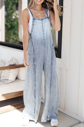 Frayed Exposed Seam Wide Leg Denim Overalls - Hovatok