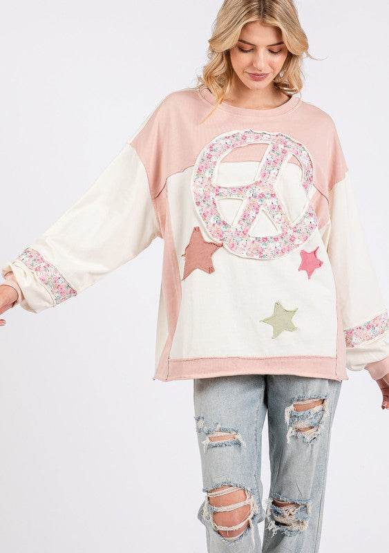 SAGE + FIG Peace & Star Patch Contrast Round Neck Sweatshirt - Hovatok