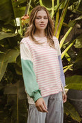 BiBi Exposed Seam Slit Striped Round Neck T-Shirt - Hovatok