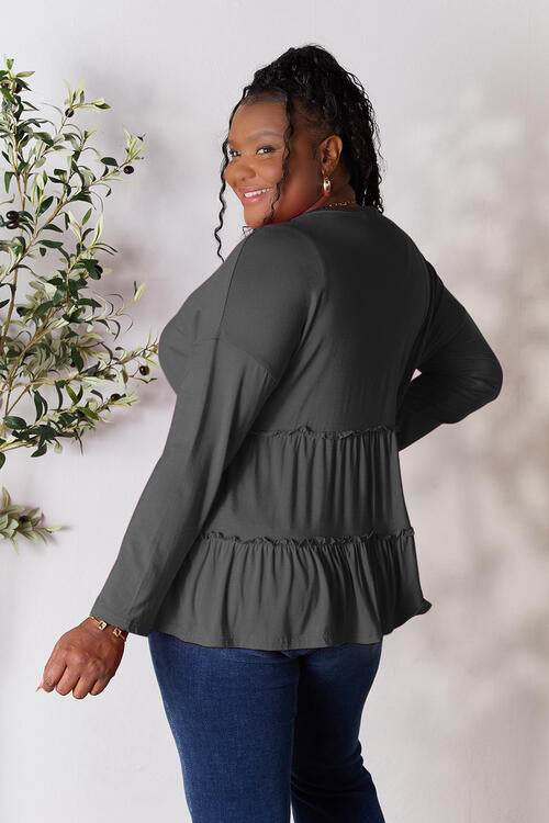 Double Take Half Button Long Sleeve Ruffle Hem Blouse - Hovatok