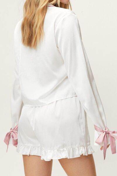 Basic Bae Tied Cuff Collared Neck Top and Frill Shorts Lounge Set - Hovatok