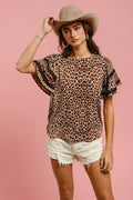 BiBi Leopard Crochet Trim Round Neck Short Sleeve Top - Hovatok