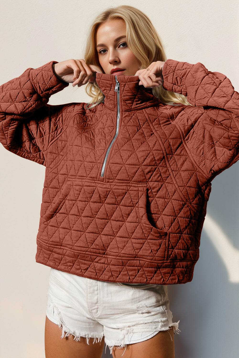 Double Take Half Zip Long Sleeve Quilted Sweatshirt with Pocket - Hovatok