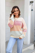 Angel Wings Waffle-Knit Round Neck Dropped Shoulder Color Block Sweater - Hovatok