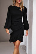 Devine Ruched Ruffled Balloon Sleeve Mini Dress - Hovatok