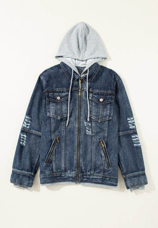 Fake Two-Piece Hooded Zip-Up Denim Jacket - Hovatok