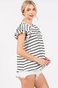 Ces Femme Ruffled Striped Round Neck Short Sleeve Blouse - Hovatok