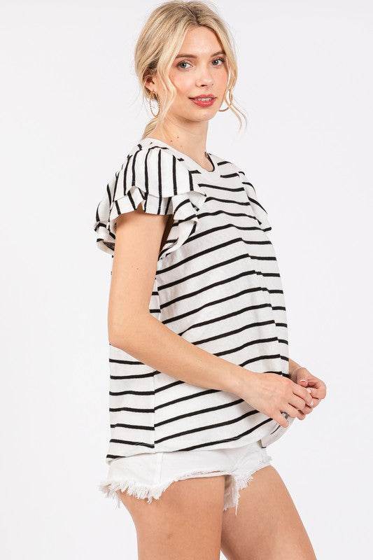 Ces Femme Ruffled Striped Round Neck Short Sleeve Blouse - Hovatok
