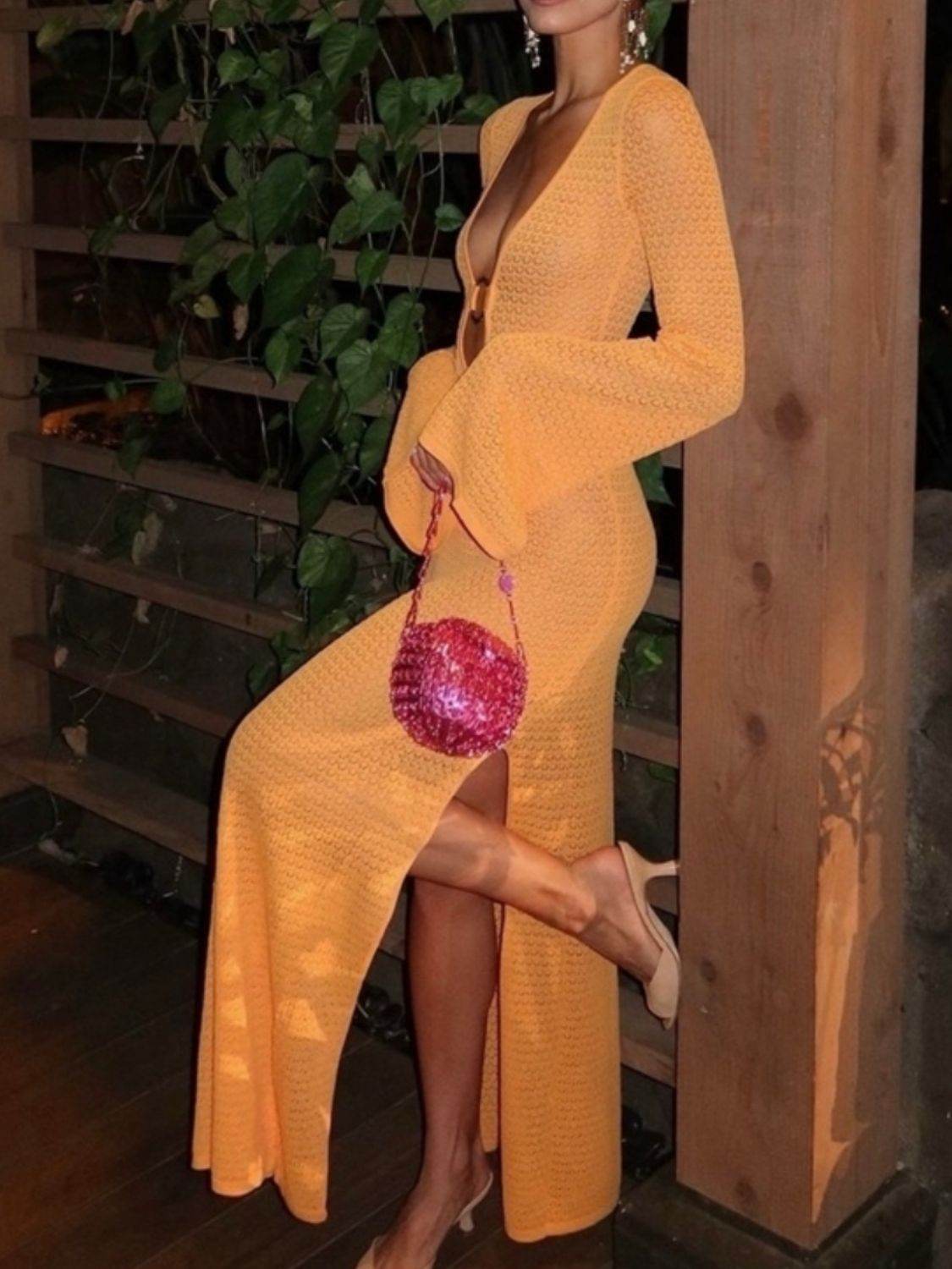 Slit Plunge Flare Sleeve Cover-Up Dress - Hovatok