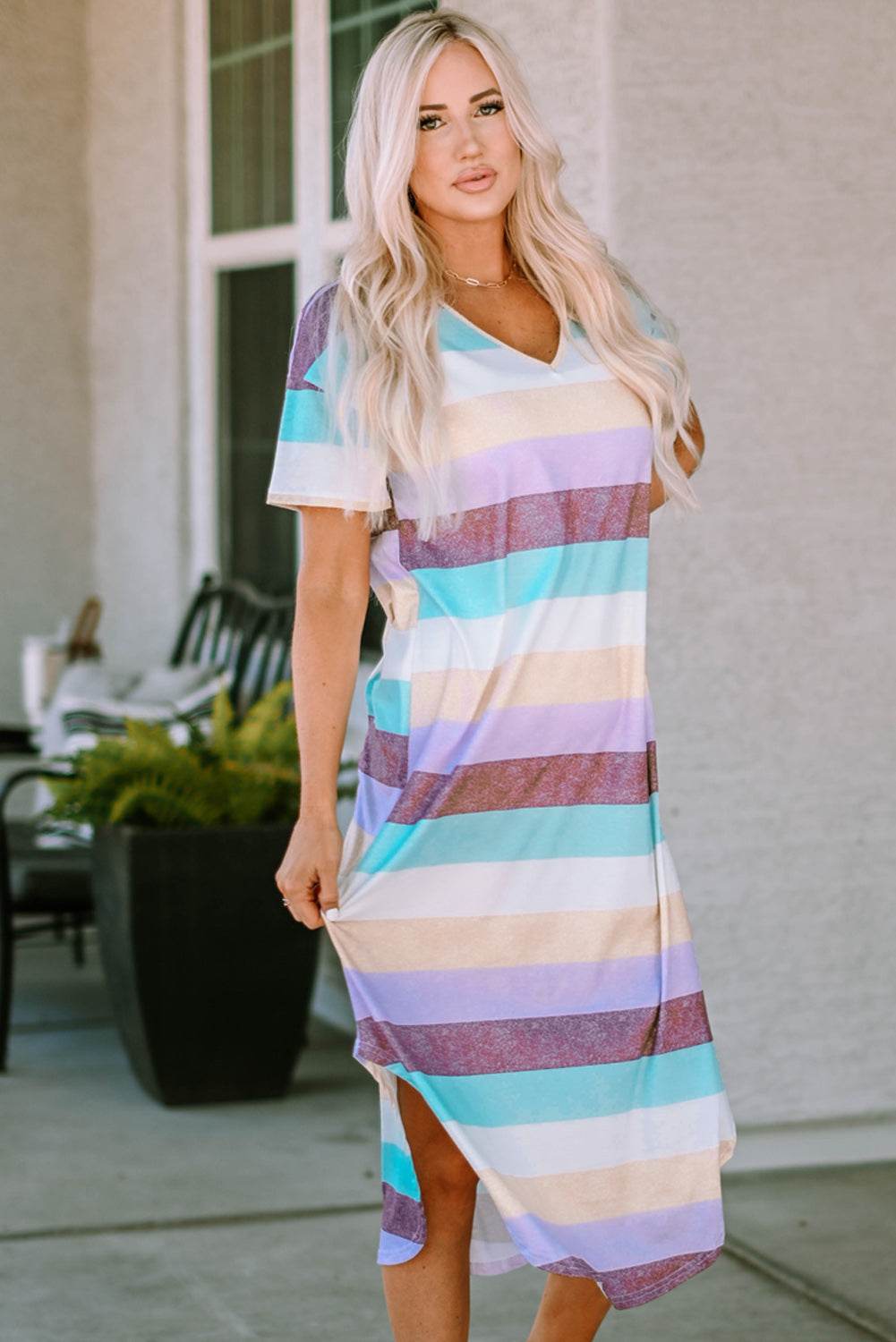Striped V-Neck Curved Hem Midi Dress - Hovatok
