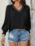 Devine Swiss Dot Lace Detail V-Neck Long Sleeve Blouse - Hovatok
