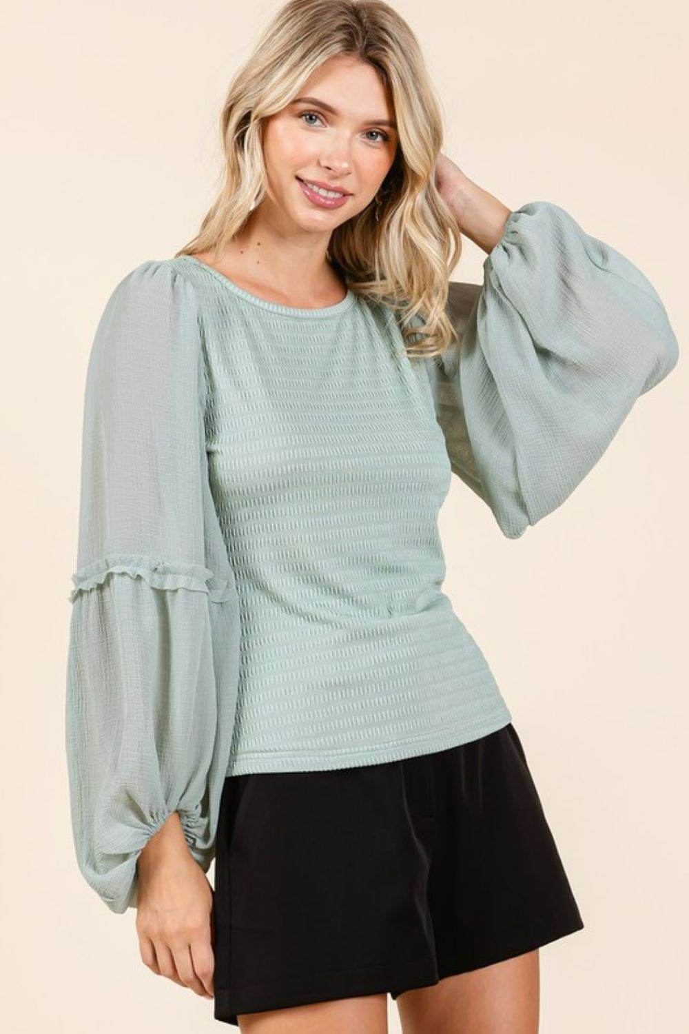 Mittoshop Mixed Media Textured Knit Chiffon Long Sleeve Top - Hovatok
