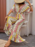 Perfee Ruffled Hem Printed V-Neck Jumpsuit - Hovatok
