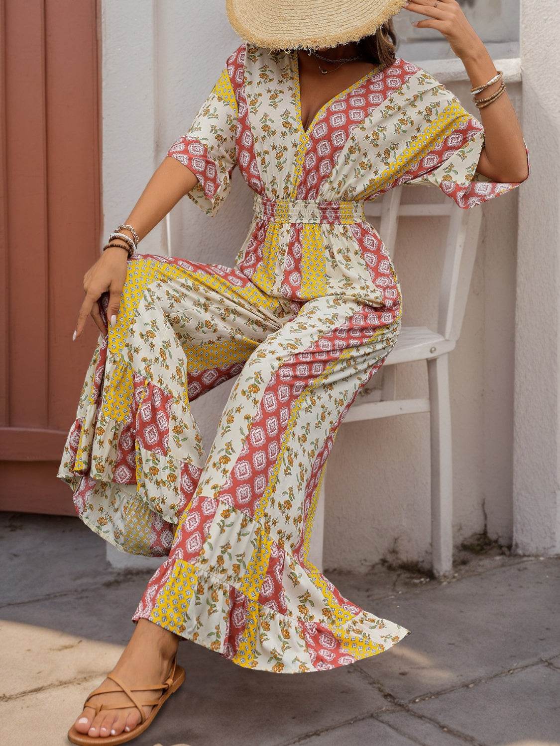 Perfee Ruffled Hem Printed V-Neck Jumpsuit - Hovatok