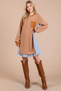 Ces Femme Striped Patchwork Round Neck Terry Sweatshirt Dress - Hovatok