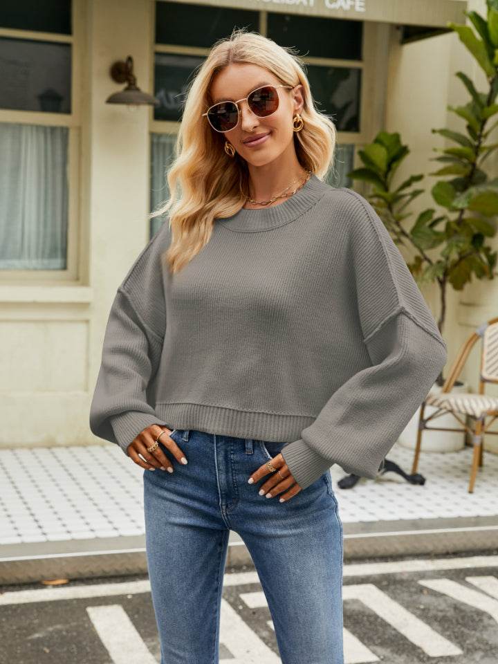 Round Neck Lantern Sleeve Sweater - Hovatok