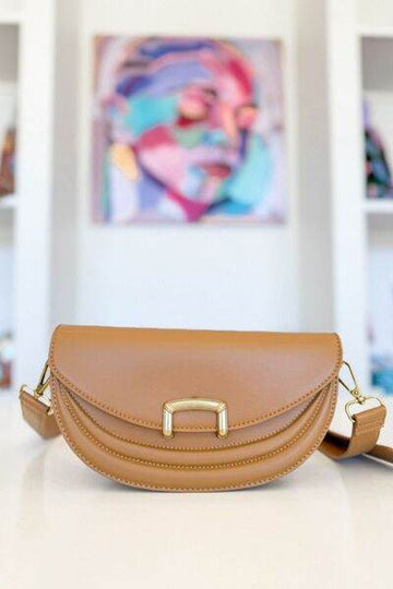 Fame Buckle Closure Crescent Faux Leather Crossbody Bag - Hovatok