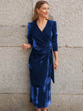 Surplice Puff Sleeve Midi Dress - Hovatok