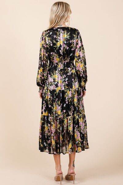 Mittoshop Flower Print Satin Lurex Stripe Smocked Midi Dress - Hovatok