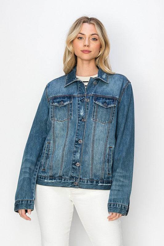 RISEN Full Size Distressed Button Up Jacket - Hovatok