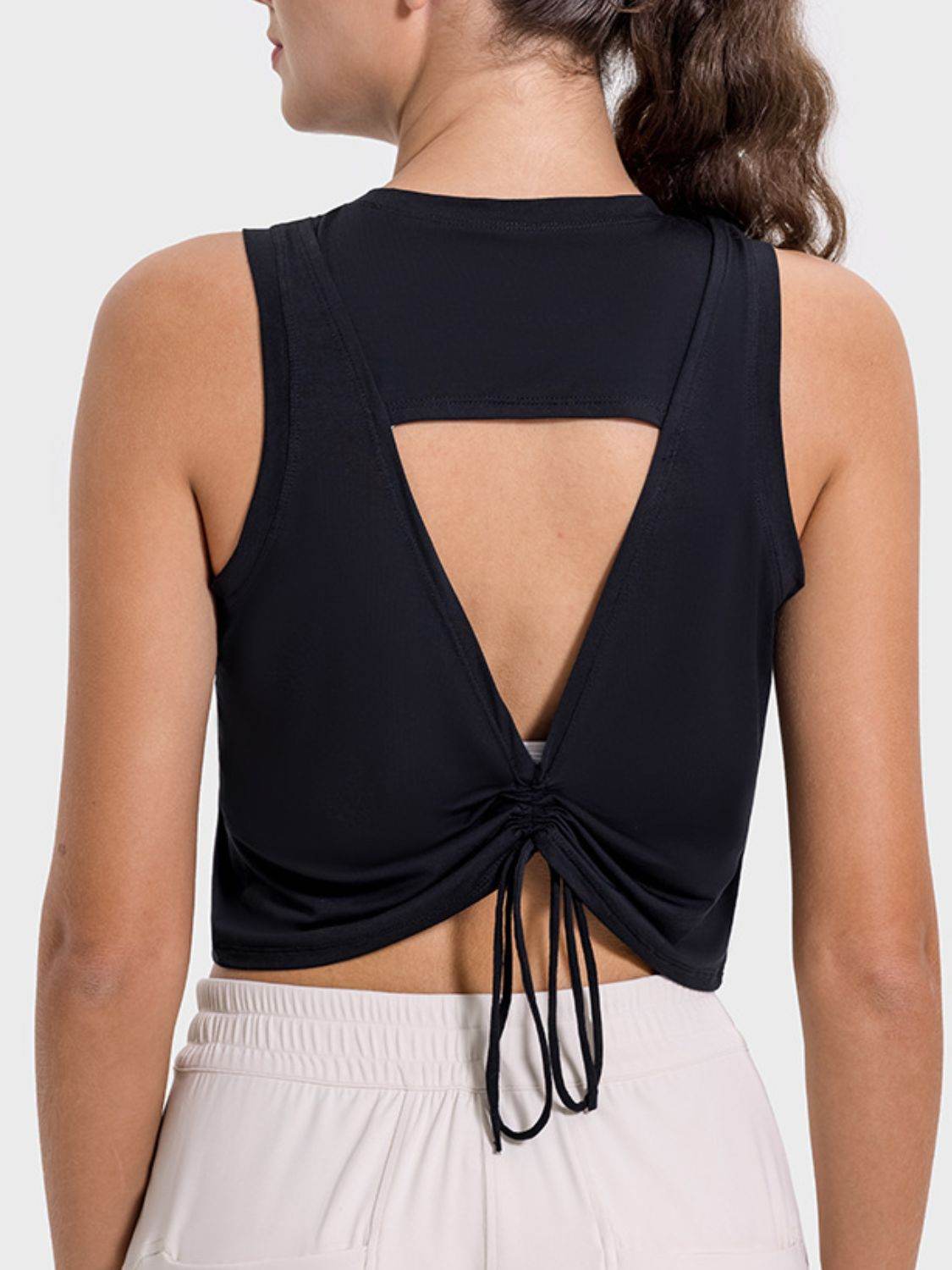 Millennia Drawstring Cutout Round Neck Active Tank - Hovatok