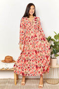 Double Take Floral Frill Trim Flounce Sleeve Plunge Maxi Dress - Hovatok