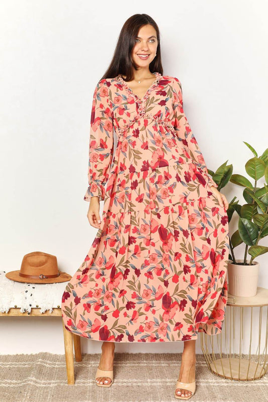 Double Take Floral Frill Trim Flounce Sleeve Plunge Maxi Dress - Hovatok
