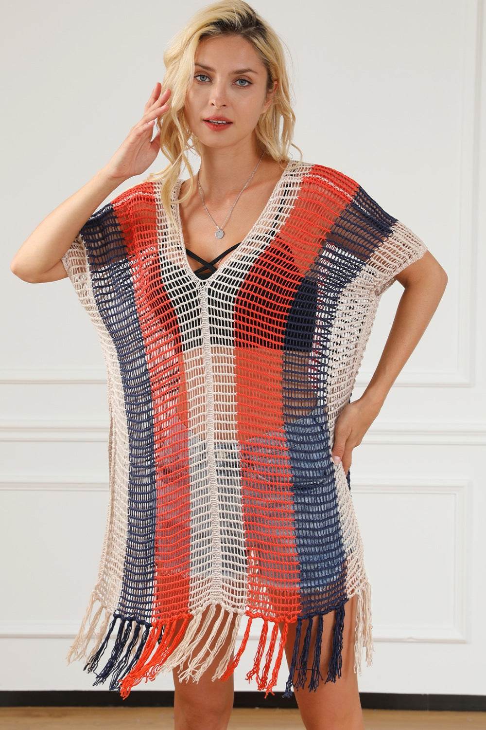 Tassel Color Block V-Neck Cover Up - Hovatok