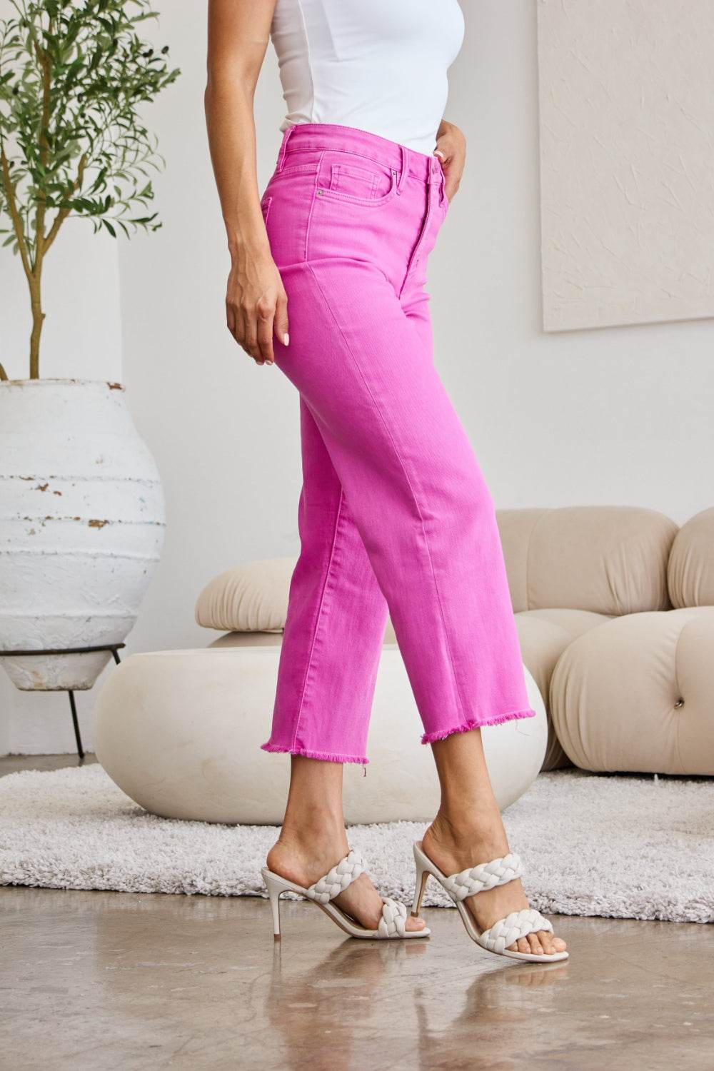 RFM Crop Chloe Full Size Tummy Control High Waist Raw Hem Jeans - Hovatok