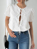 Perfee Tied Eyelet Short Sleeve Bodysuit - Hovatok