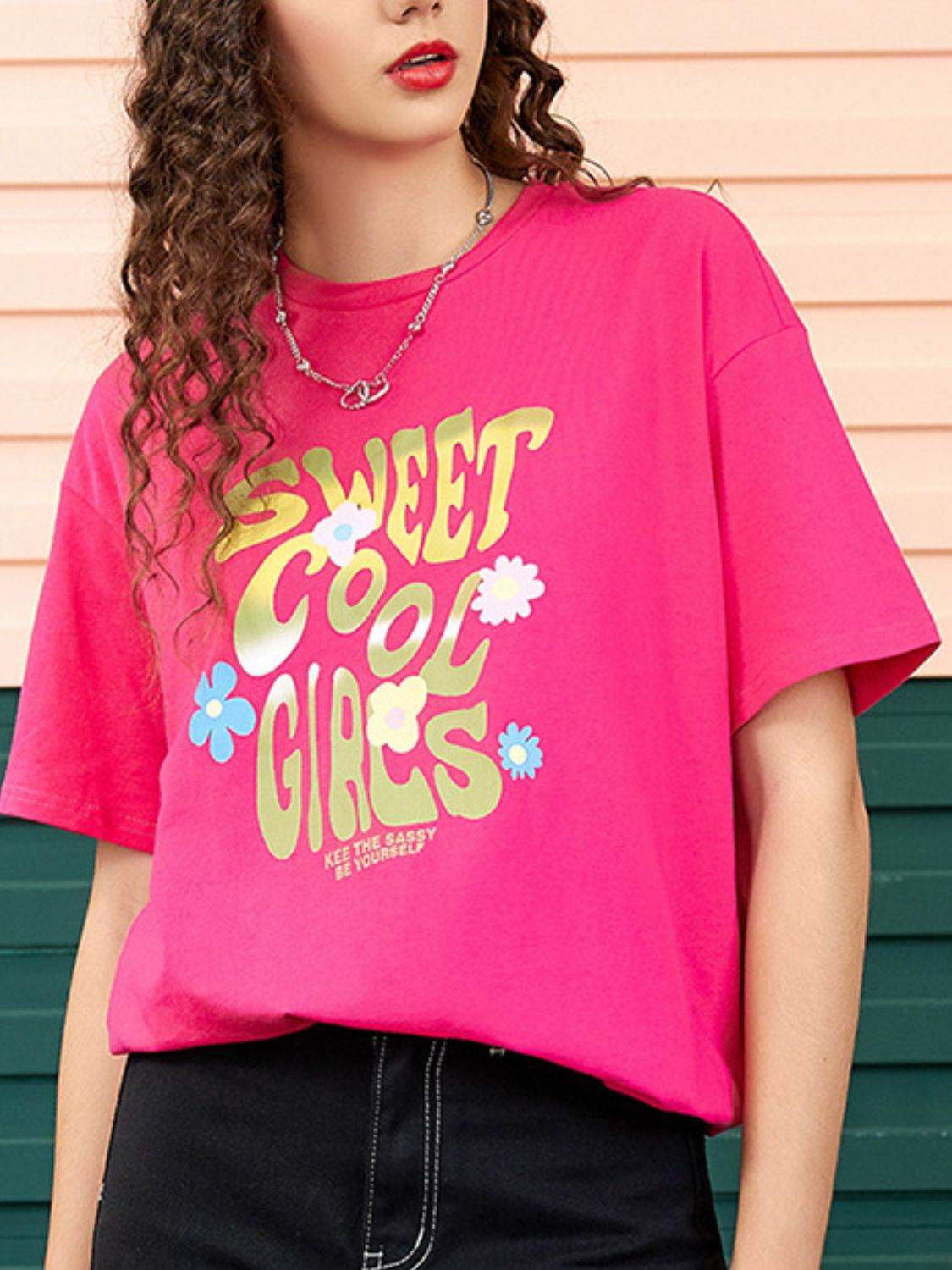 Letter Graphic Round Neck Half Sleeve T-Shirt - Hovatok