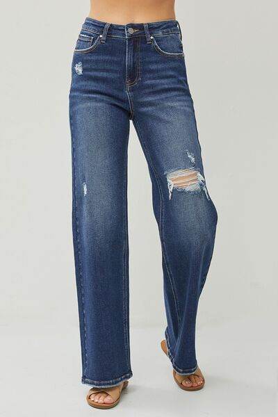 RISEN Full Size High Rise Distressed Wide Leg Jeans - Hovatok