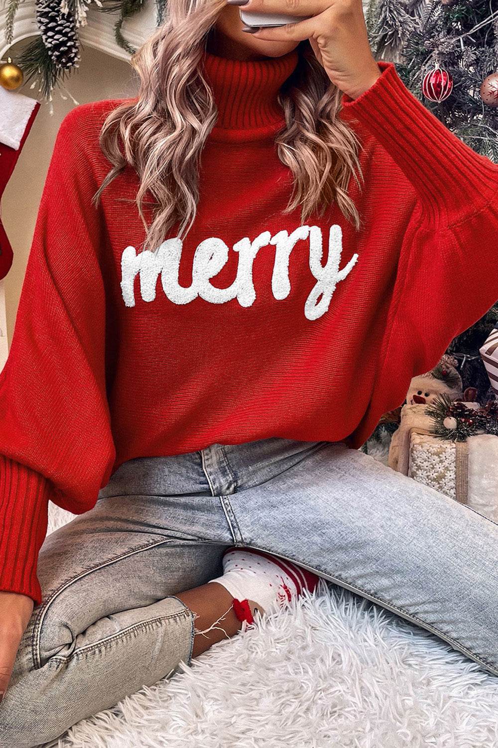 Double Take Full Size Merry Christmas Turtleneck Long Sleeve Sweater - Hovatok
