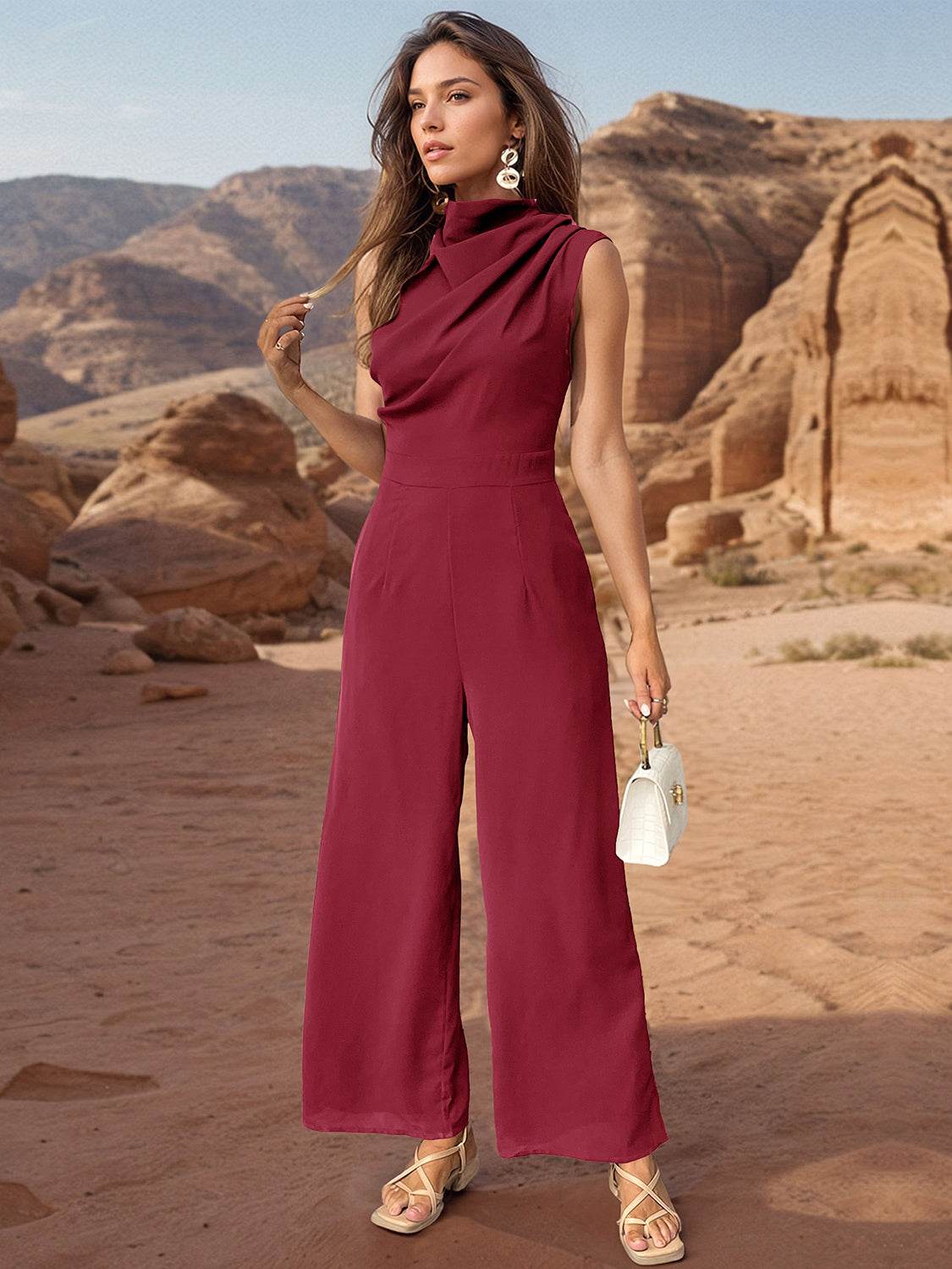 Perfee Ruched Mock Neck Sleeveless Jumpsuit - Hovatok