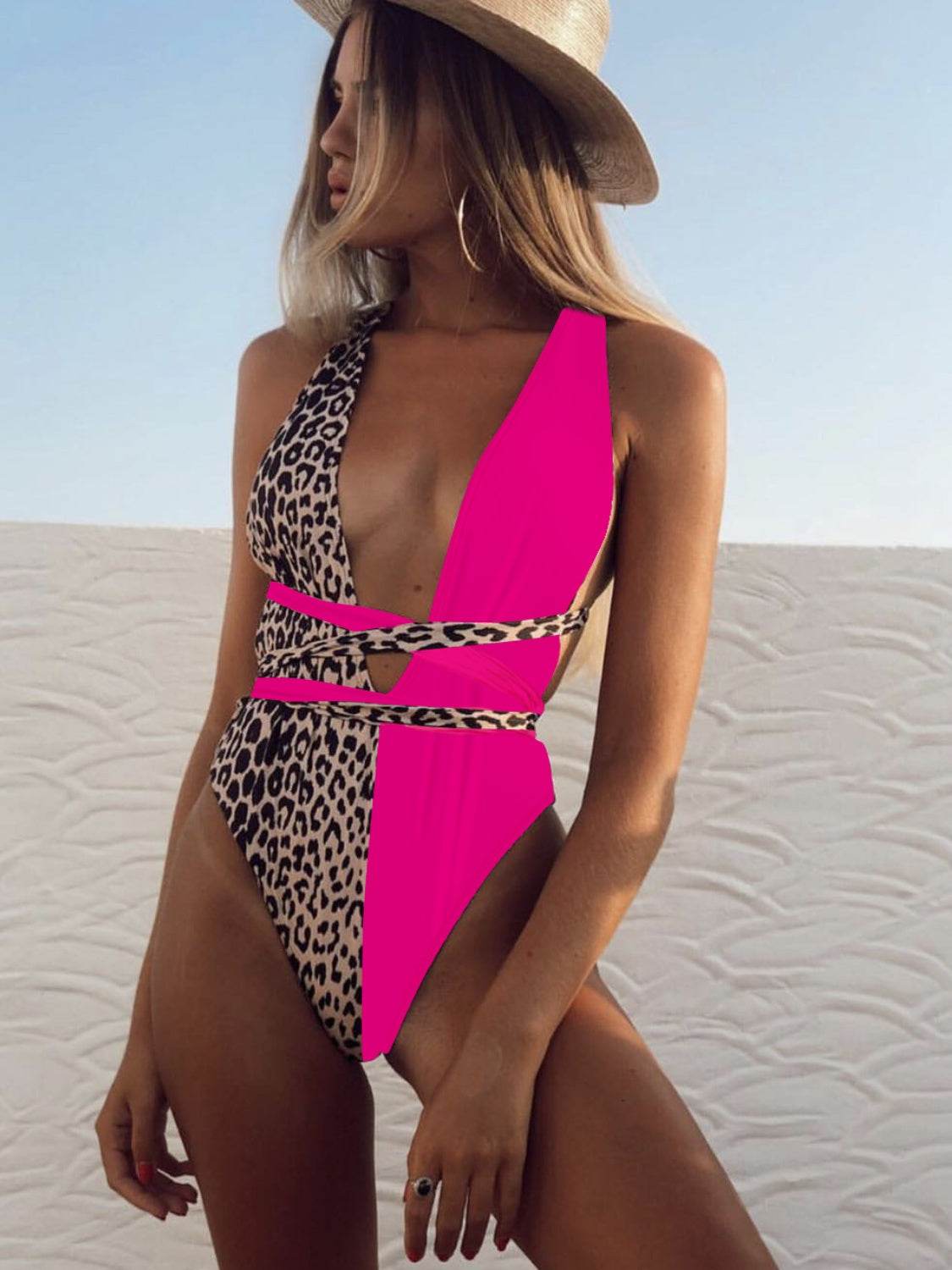 Tied Leopard Plunge One-Piece Swimwear - Hovatok