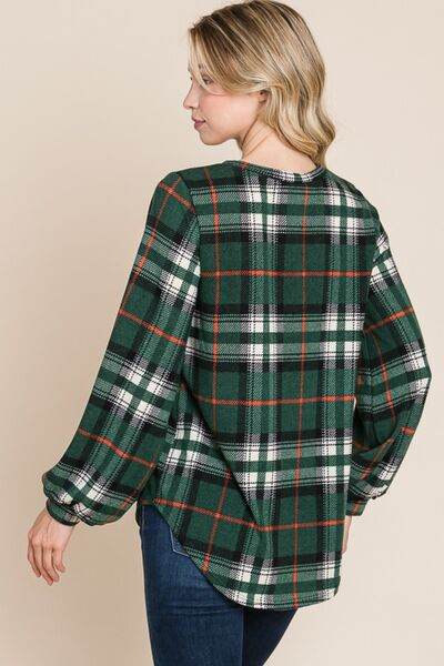 BOMBOM Curved Hem Plaid Round Neck Long Sleeve Top - Hovatok