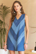 ADORA Chevron Color Block V-Neck Denim Dress - Hovatok
