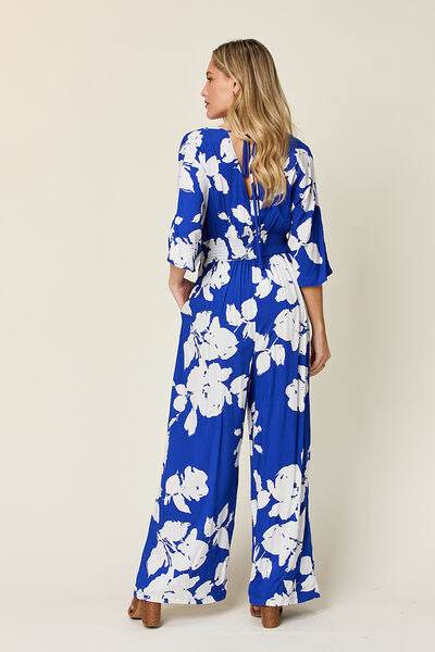 Double Take Full Size Printed Tie Back Wide Leg Jumpsuit - Hovatok