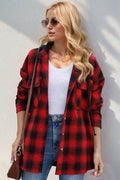 Double Take Drawstring Plaid Long Sleeve Hooded Shacket - Hovatok