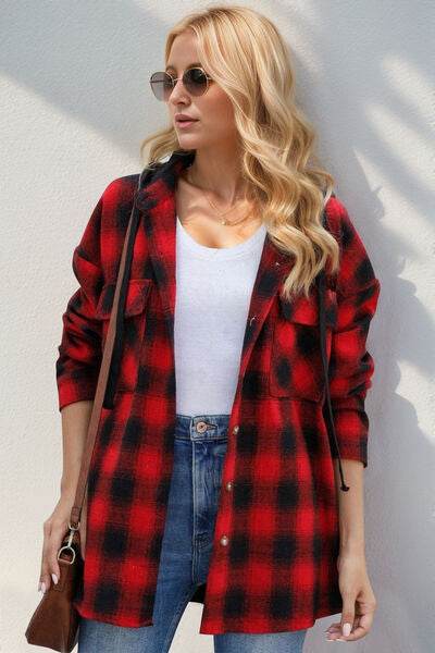 Double Take Drawstring Plaid Long Sleeve Hooded Shacket - Hovatok