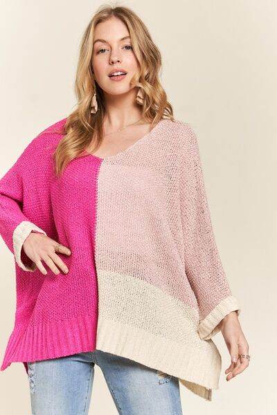 ADORA Side Slit Color Block Long Sleeve Sweater - Hovatok